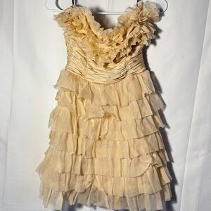 Bebe Vintage Gold Strapless Ruffle Mini Dress